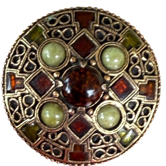 Uncommon VTG Celtic Viking Brooch Signed Miracle Art Glass Stones Fall Autumn - Picture 1 of 8